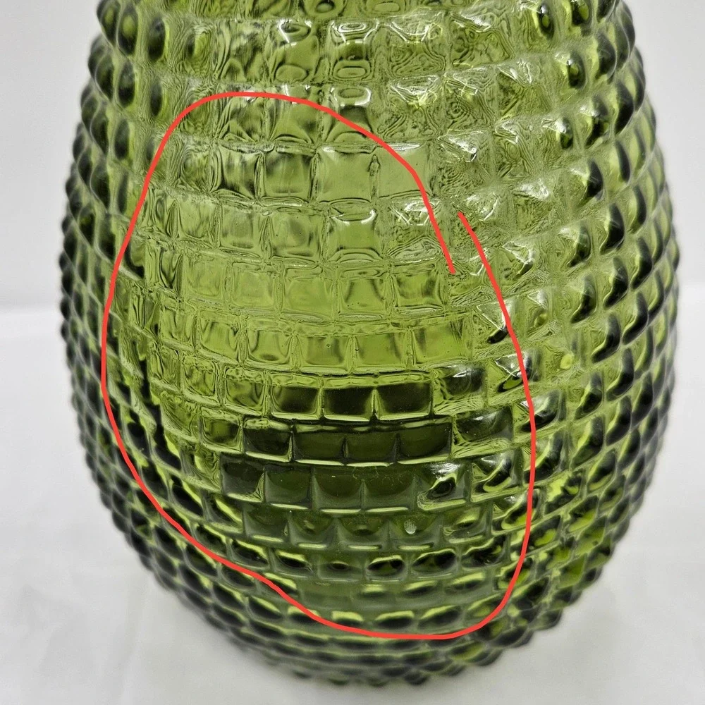 Vintage Mid Century Green Glass Genie Bottle Decanter Hobnail 15.5